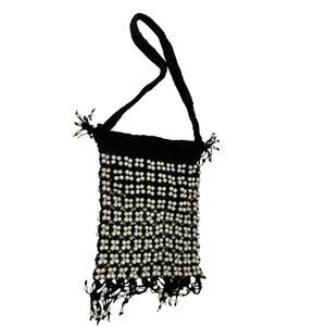 Vintage Boho Black and White Woven Beaded Shoulder Bag